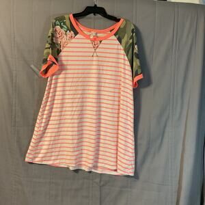 Now & Forever Floral/Striped Shirt Gray Dark Peach - Size 3X